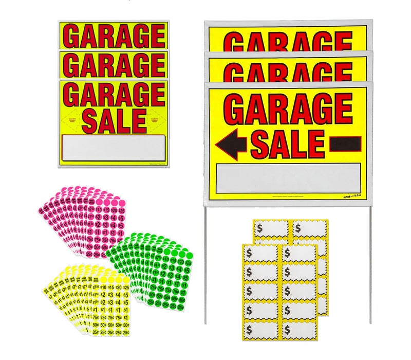 Sunburst Systems 3030 Garage Sale Sign Kit Includes: 3) Large Signs, 3) 11 x 14 Signs, 1,200 Yellow, Pink & Green Price Stickers, and 20 Large Pricing Cards - Image 1